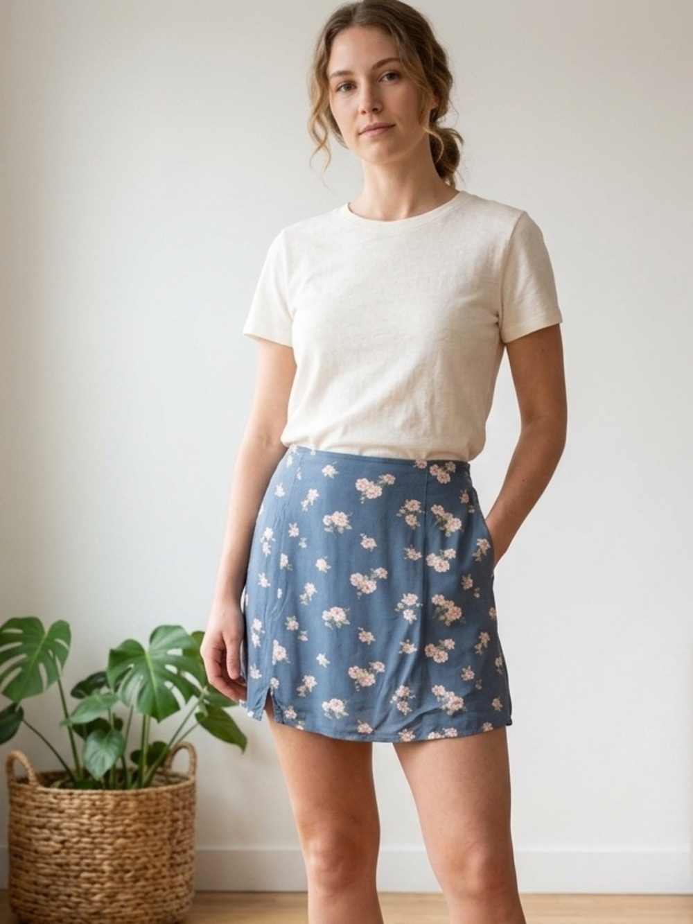 American Eagle Outfitters Blue Mini Skirt with Pink Floral Print